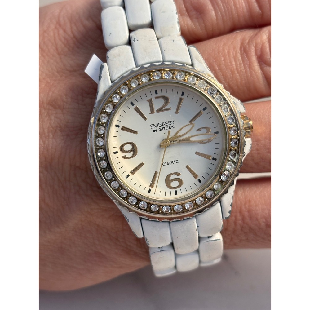 Embassy by Gruen White Enamel Crystal Bezel Quartz Watch Gold Tone Accents